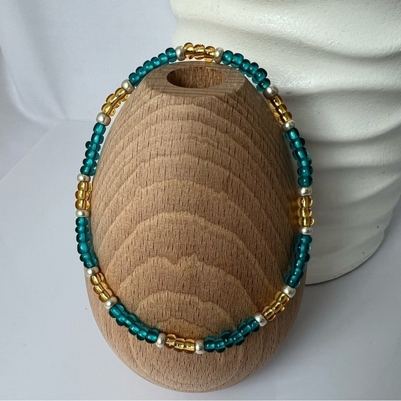 STRETCH Beaded Anklet with Blue and Gold Glass Beads - Picture 6 of 13